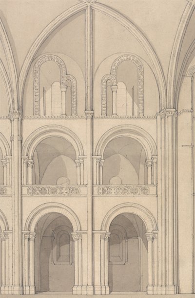 Perspectief elevatie van een deel van de abdijkerk van Saint Stephen in Caen, Normandië door John Sell Cotman